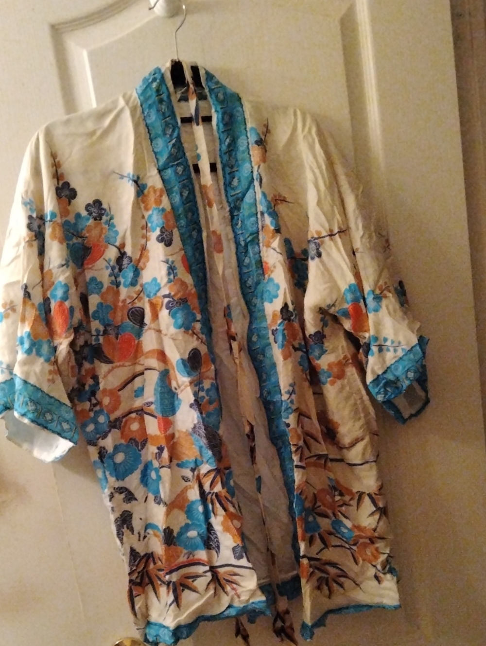Cream Floral Kimono with Turquoise Trim